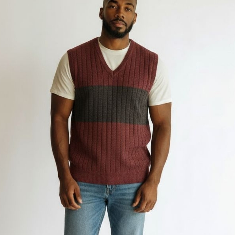 Vintage 90s Structure Sweater Vest Lambswool Pure New Wool Grandpa Red Grey L